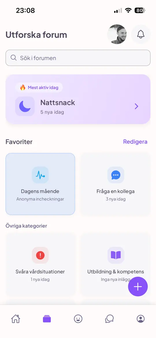 Forumöversikten med dagens mest aktiva kategori Nattsnack, favoriterna Dagens mående och Fråga en kollega, och fler kategorier.